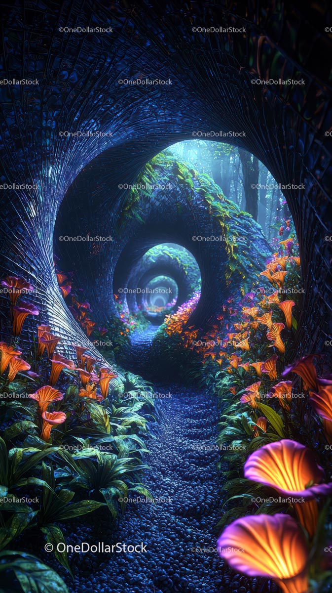 Zaczarowany bioluminescencyjny tunel leśny ze świecącymi grzybami