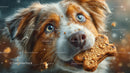 Cute Brown and White Dog Chewing Cookie in Outdoor Setting
