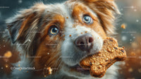Cute Brown and White Dog Chewing Cookie in Outdoor Setting