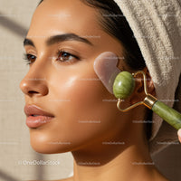 Close-Up of Woman Using Jade Roller for Facial Skin Rejuvenation