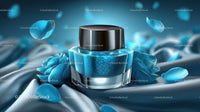 Luxury Blue Cosmetic Jar Surrounded by Elegant Floral Accents