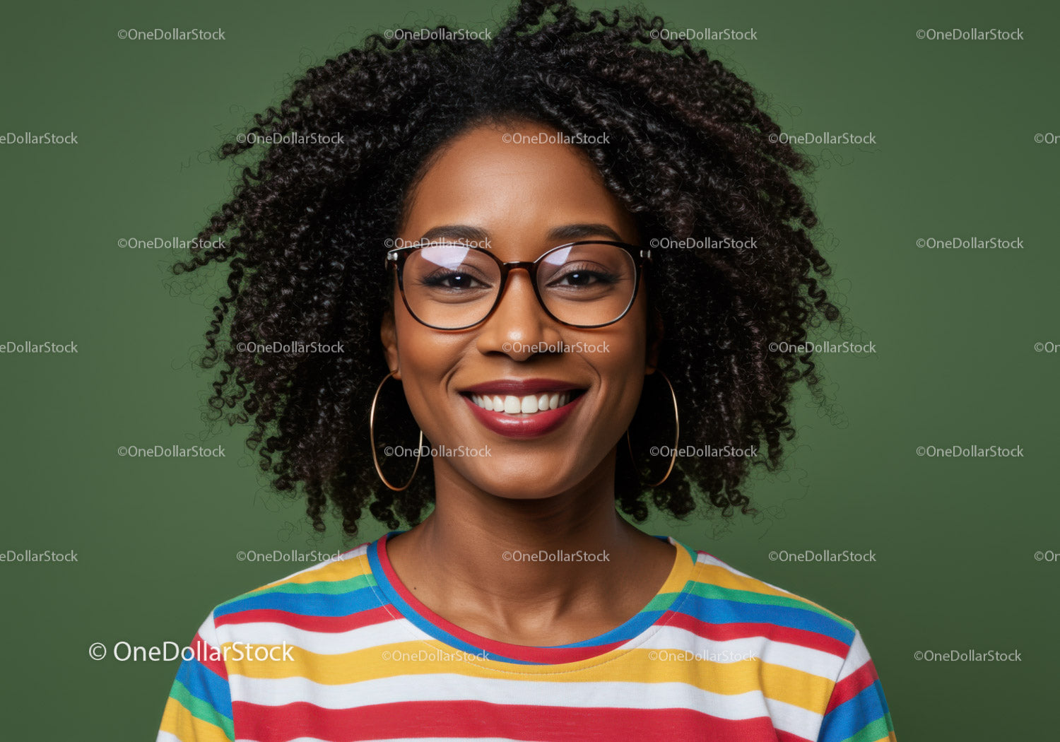 Vibrant Portrait of a Smiling Woman with Afro Hair and Glasses