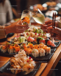 Elegant Sushi Feast with Wine Glasses in a Luxurious Restaurant Setting
