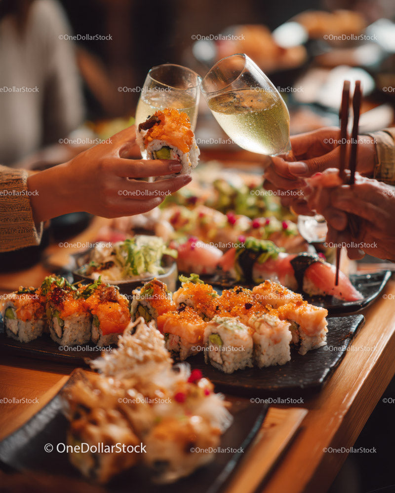 Elegant Sushi Feast with Wine Glasses in a Luxurious Restaurant Setting