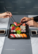 Colorful Sushi Platter with Fresh Seafood and Rice Rolls