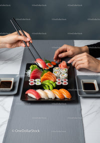Colorful Sushi Platter with Fresh Seafood and Rice Rolls