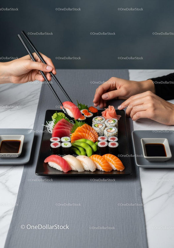 Colorful Sushi Platter with Fresh Seafood and Rice Rolls