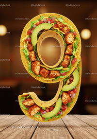 Taco Shaped Like Number Nine on Wooden Table