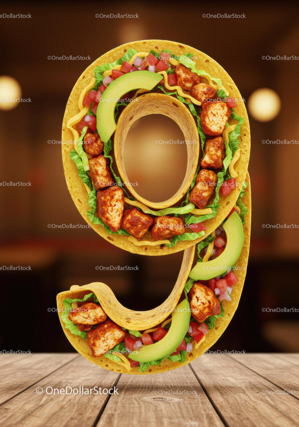 Taco Shaped Like Number Nine on Wooden Table