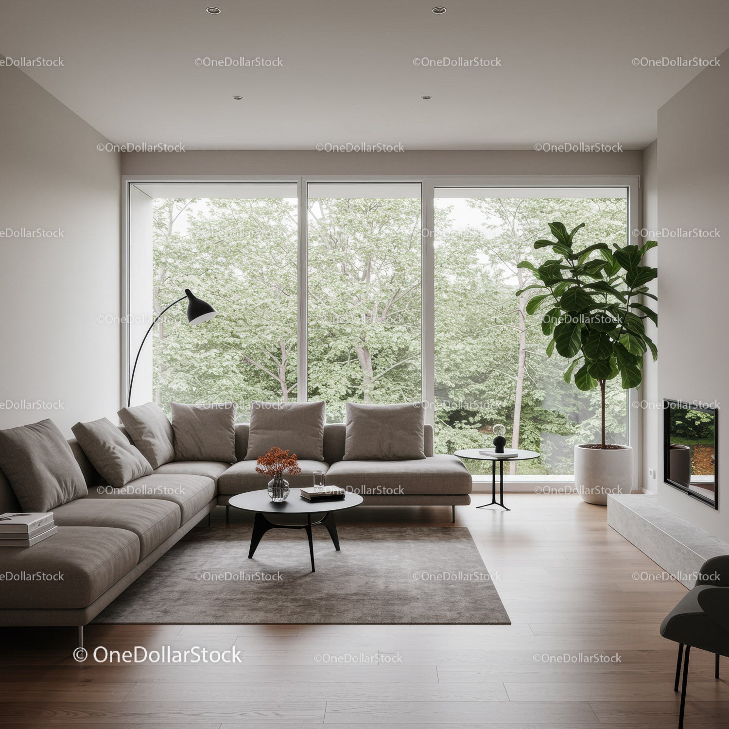 Modern Living Room with Large Windows and Floor-to-Ced Green View
