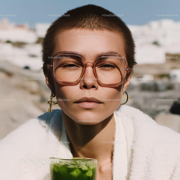 Fashionable Woman Wearing Sunglasses with Green Cocktail Enjoying Summer