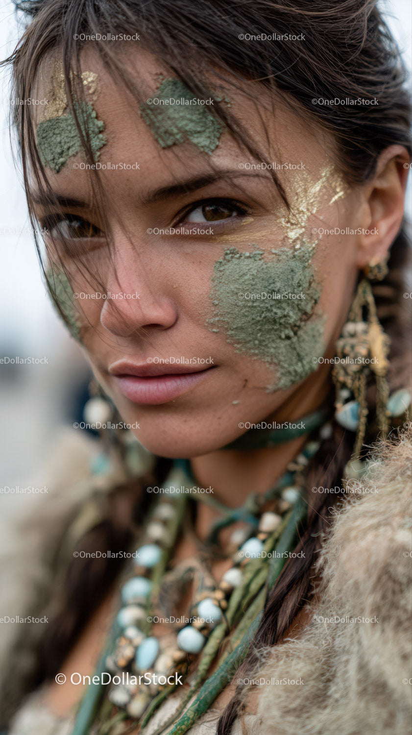 Close-up of a Tribal Woman with Face Paint and Traditional Accessories