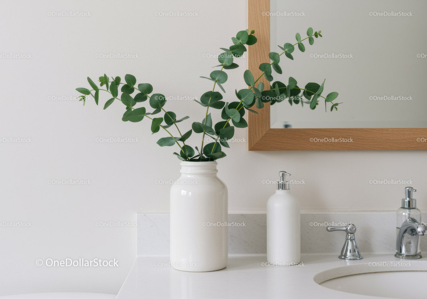 Green Eucalyptus Plant in White Vase Decorates Modern Bathroom
