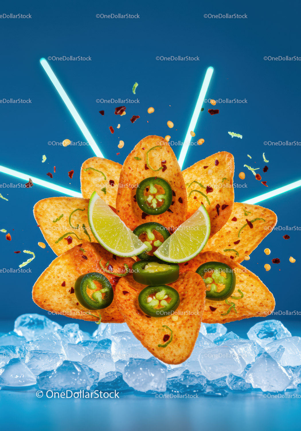 Spicy nachos with lime and jalapeno on ice background