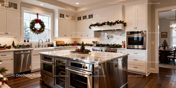 Modern kitchen decorated with festive Christmas wreaths