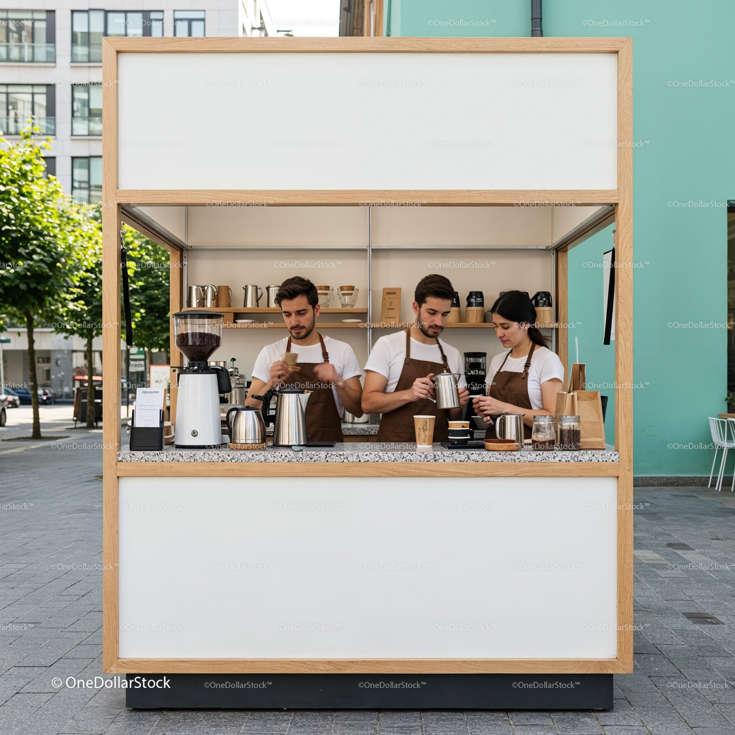 Baristas Preparing Coffee at Outdoor Urban Coffee Stand