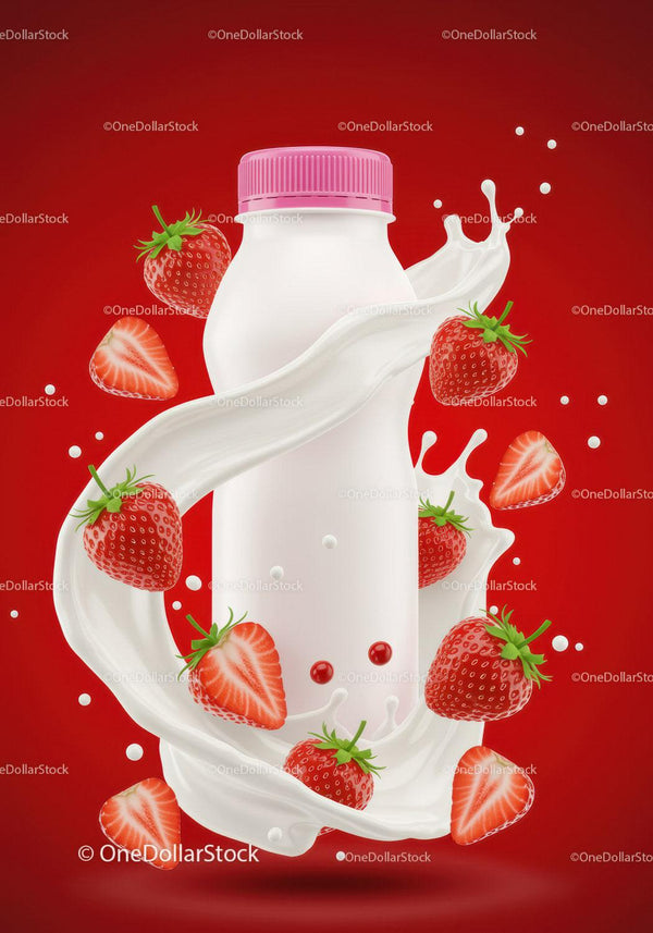 Strawberry yogurt bottle surrounded by fresh fruit splash JPG Mockup Image