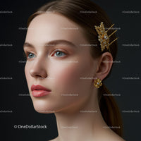 Elegant Woman Wearing Gold Floral Earrings and Ornate Hairpin