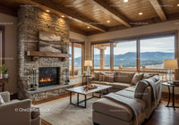 Cozy living room with stone fireplace and mountain view
