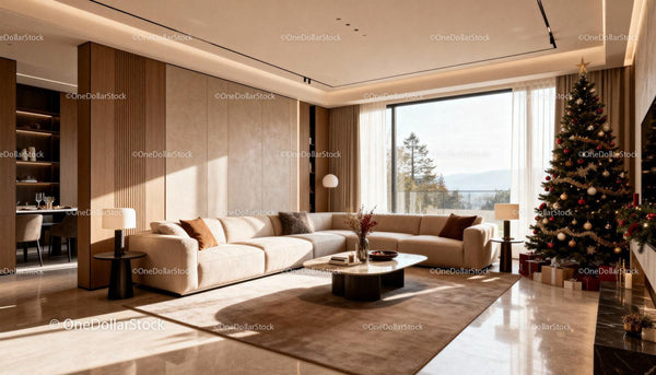 Modern living room with Christmas tree and large windows