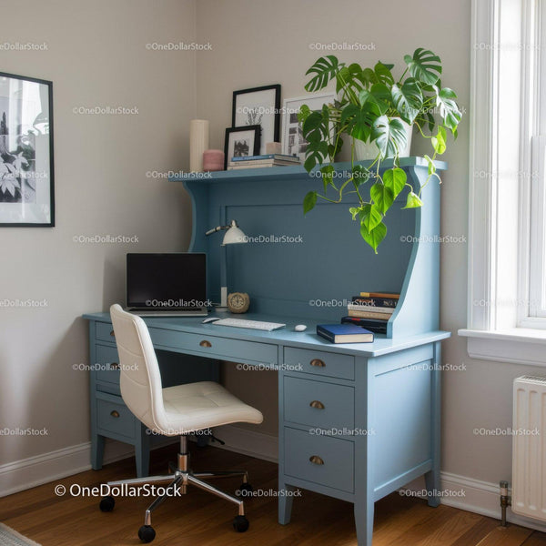 Modern Blue Wooden Desk with Green Indoor Monstera Plant in Bright Home Office