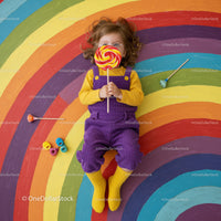 Child playing with colorful lollipop on rainbow floor
