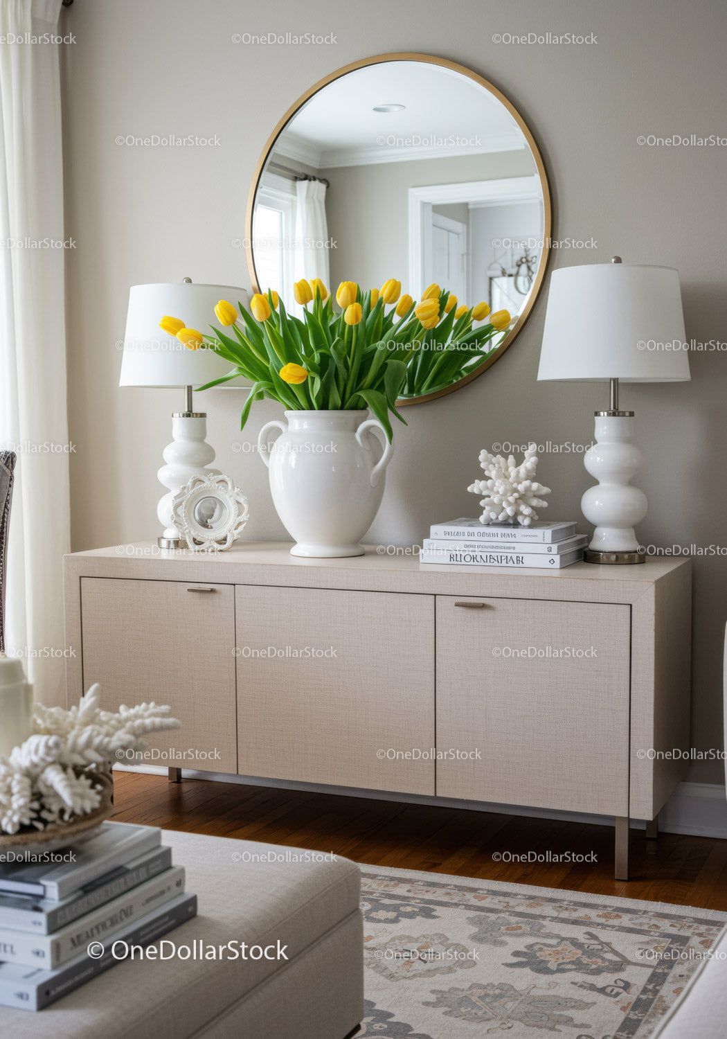 Modern Home Interior with Yellow Tulips and Minimalist Decor