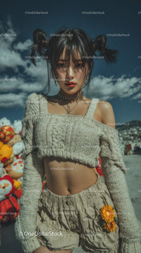 Trendy Young Woman in Casual Summer Outfit with Clouds in Background