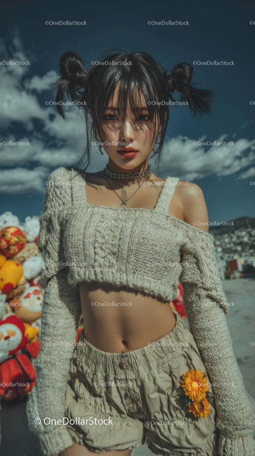 Trendy Young Woman in Casual Summer Outfit with Clouds in Background