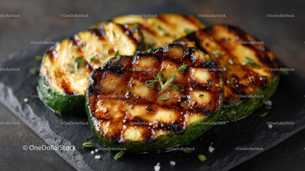 Grilled Zucchini Slices on Black Slate Plate with Char Marks