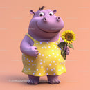 Cute Cartoon Hippo Holding Sunflower in Bright Yellow Dress