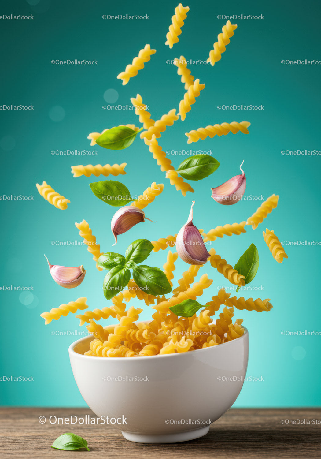 Flying fusilli pasta with basil and garlic cloves
