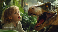 Young Girl Facing T-Rex Dinosaur in Lush Jungle Environment