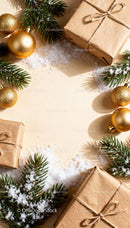 Minimalist Christmas Gifts and Gold Ornaments with Pine