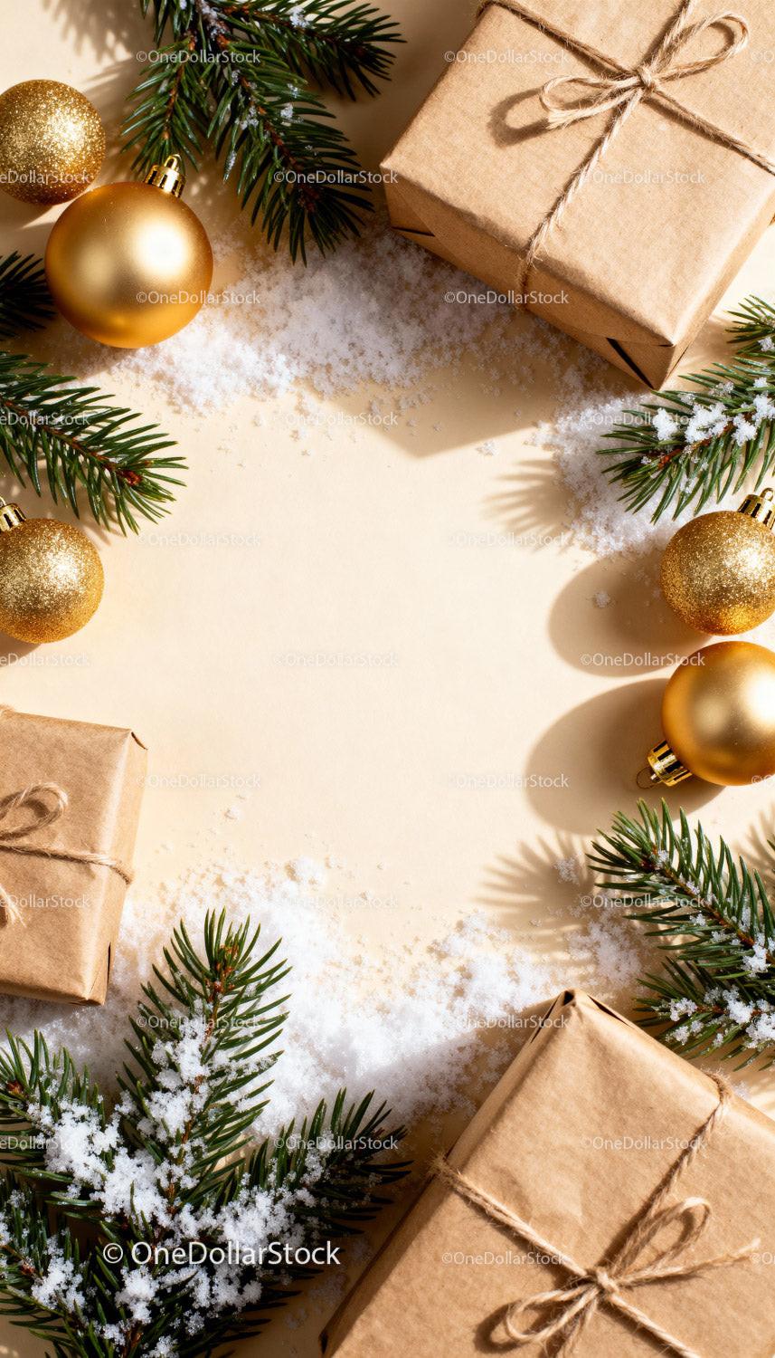 Minimalist Christmas Gifts and Gold Ornaments with Pine