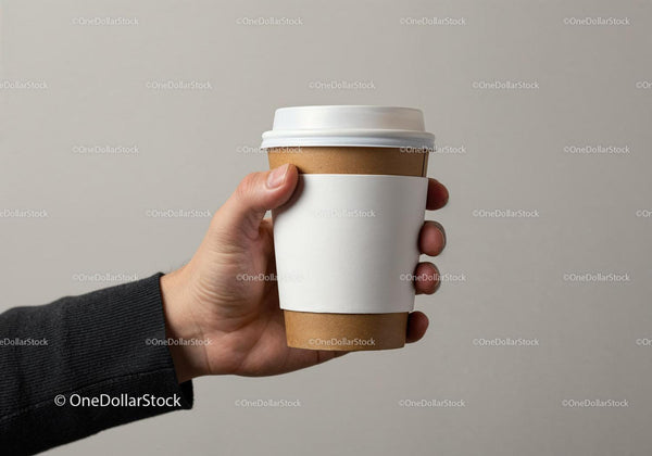 Hand Holding Reusable Coffee Cup with Sleeve JPG Mockup Image