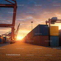 Cargo containers at sunset in a busy port
