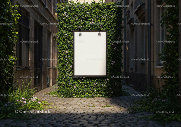 Blank billboard surrounded by lush green ivy in alley JPG Mockup Image