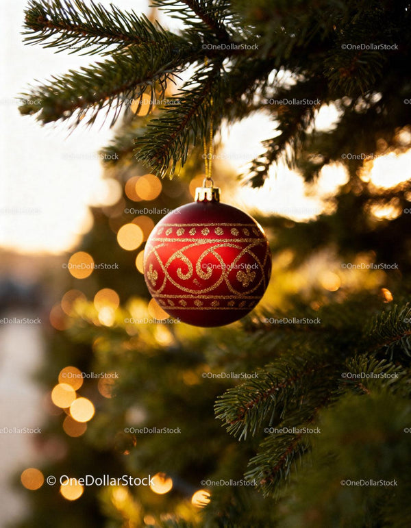 Red Christmas Ornament Hanging on Pine Tree Branch