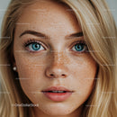 Close up of blue eyed young woman with freckles