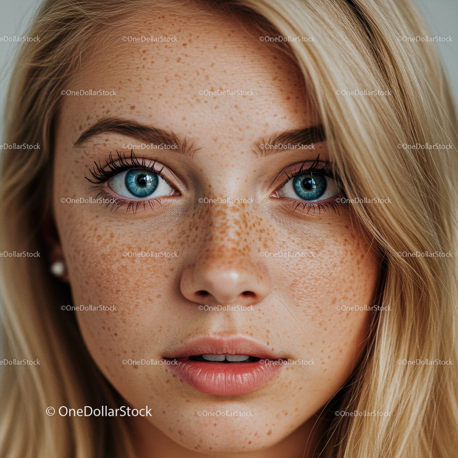 Close up of blue eyed young woman with freckles