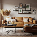 Cozy living room with tan leather sectional sofa and decor