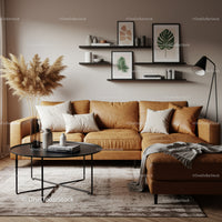 Cozy living room with tan leather sectional sofa and decor