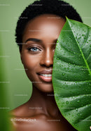 Close-Up Portrait of Beautiful Woman with Leaf and Water Droplets
