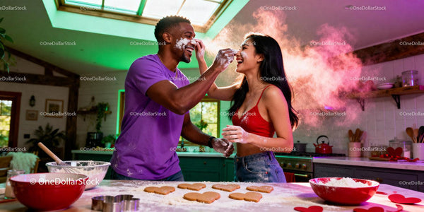 Couple Playfully Baking Heart-Shaped Cookies Together