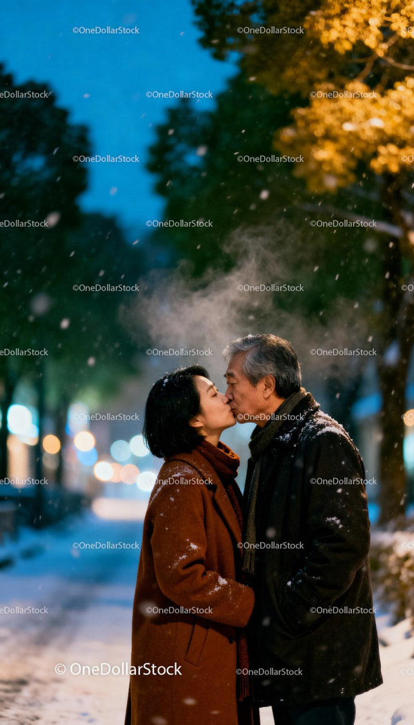 Elderly couple sharing a tender kiss on snowy evening