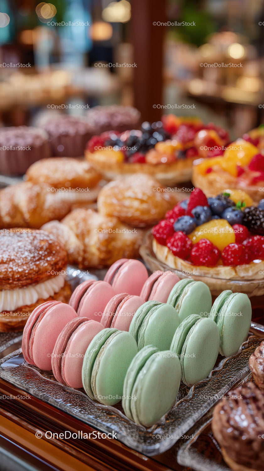 Colorful Assorted Macarons and Fruit Tart in Pastry Shop