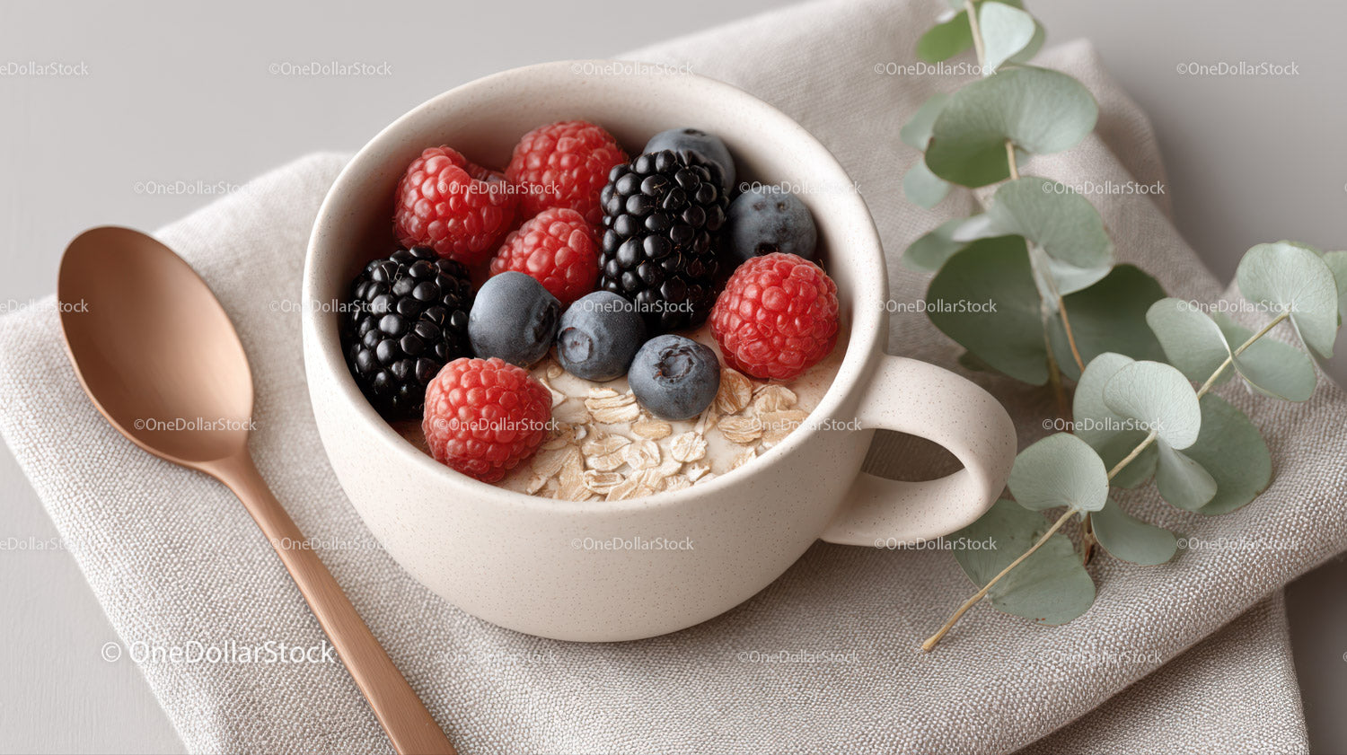 Mixed Berries Over Oatmeal in a White Mug with Green Eucalyptus