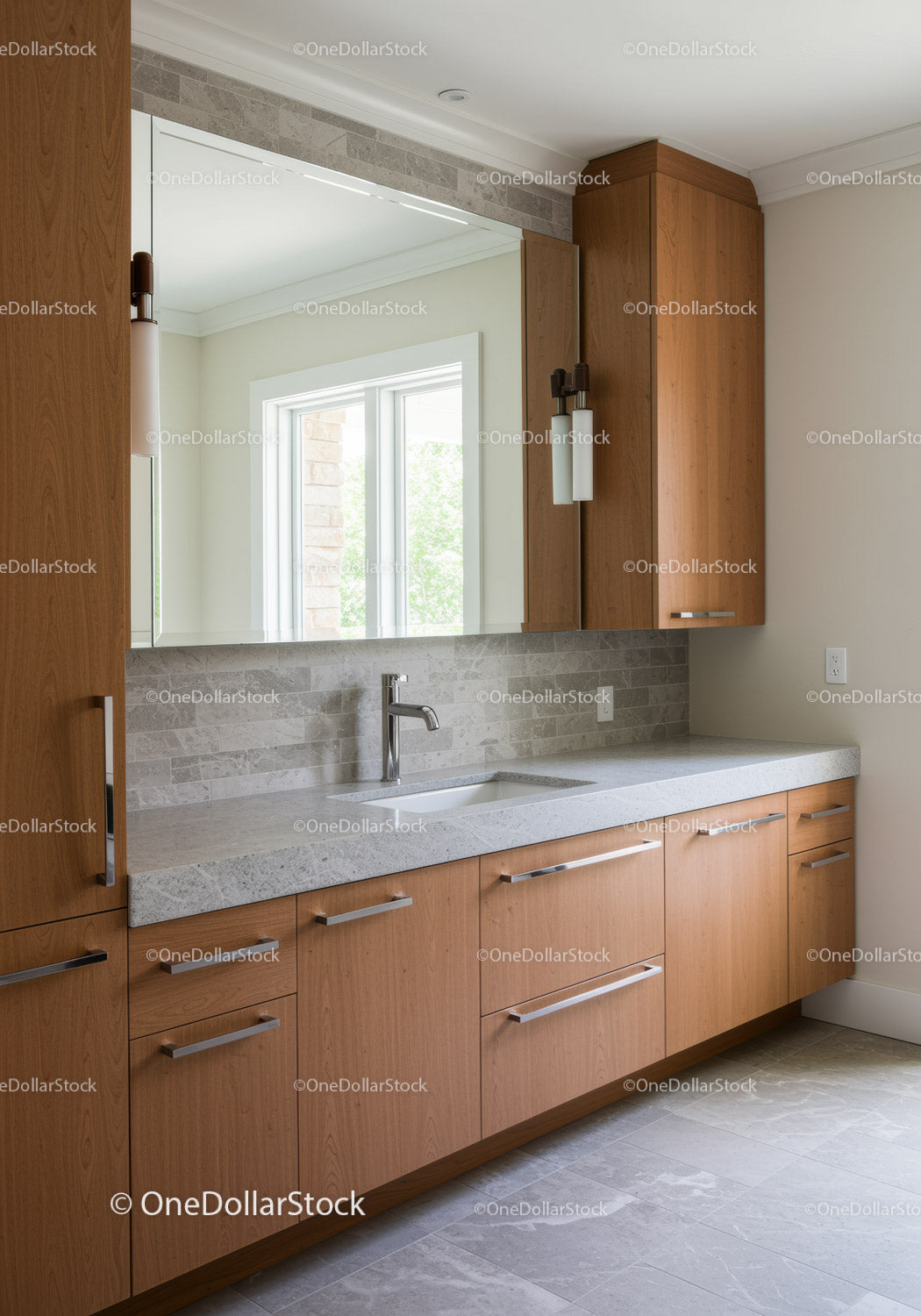Modern Kitchen with Wooden Cabinets and Grey Stone Countertop