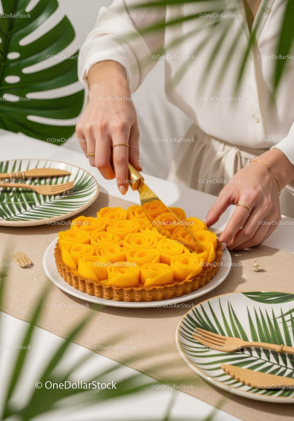 Tropical Mango Tart Slice on Elegant Table with Tropical Decor